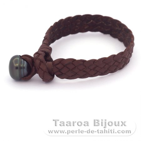 Bracelet en Cuir et 1 Perle de Tahiti Cerclée B 13.5 mm