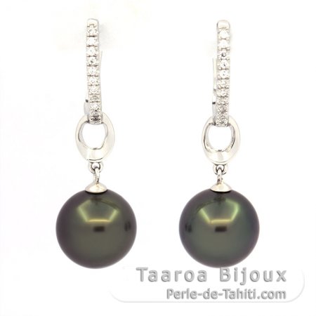 Boucles d\'Oreilles en Argent et 2 Perles de Tahiti Rondes BC 9.6 mm
