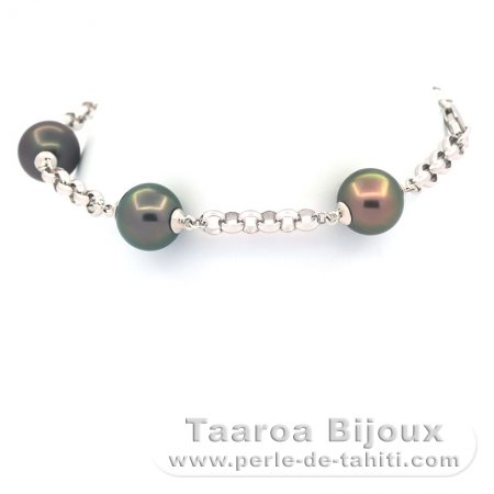 Bracelet en Argent et 5 Perles de Tahiti Rondes C 9.6 à 9.9 mm