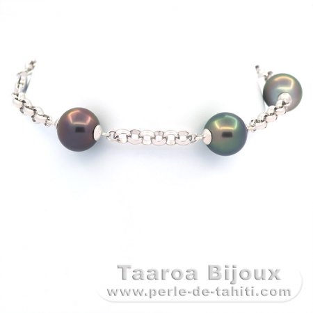 Bracelet en Argent et 5 Perles de Tahiti Semi-Rondes B 9.7 à 9.9 mm