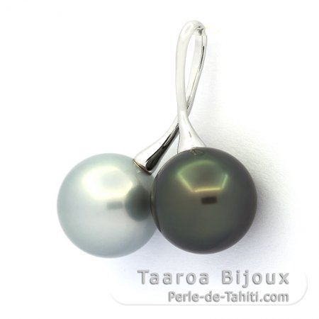 Pendentif en Argent et 2 Perles de Tahiti Rondes C 12.9 & 13 mm