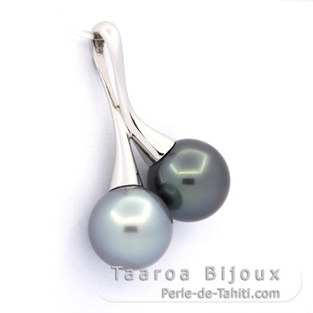Pendentif en Or blanc 18K et 2 Perles de Tahiti Rondes B 10.5 mm