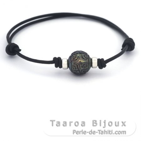 Bracelet 1 perle de Tahiti avec Larimar et noeuds en cuir