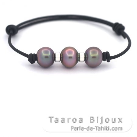 Bracelet en Cuir et 3 Perles de Tahiti Semi-Baroques B 10 mm