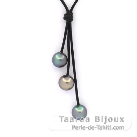 Collier en Cuir et 3 Perles de Tahiti Semi-Rondes C de 10.1 à 10.3 mm
