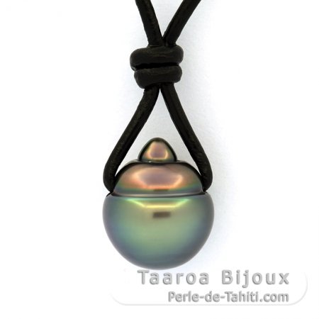 Collier en Cuir et 1 Perle de Tahiti Cerclée B 11.8 mm