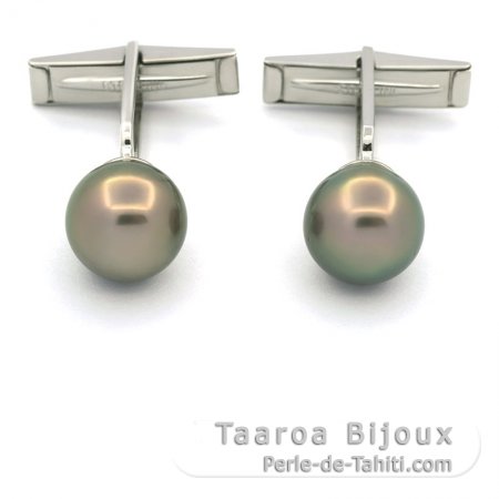 Boutons de manchettes en Argent et 2 Perles de Tahiti Rondes C 10.7 mm
