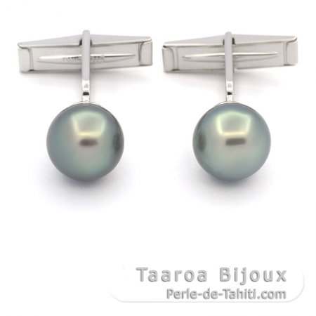 Boutons de manchettes en Argent et 2 Perles de Tahiti Rondes C 10.6 mm