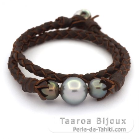 Bracelet en Cuir et 3 Perles de Tahiti Rondes C 9.5 à 13.4 mm
