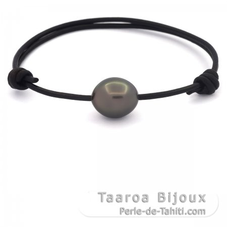Bracelet en Cuir et 1 Perle de Tahiti Semi-Baroque B/C 11.2 mm
