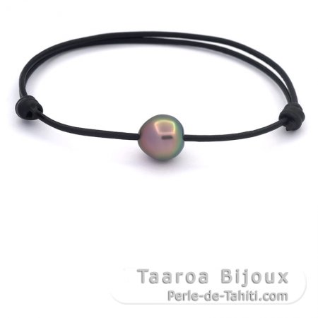 Bracelet en Cuir et 1 Perle de Tahiti Semi-Baroque A/B 10.8 mm