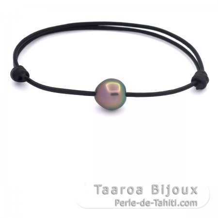 Bracelet en Cuir et 1 Perle de Tahiti Semi-Baroque A/B 10.8 mm