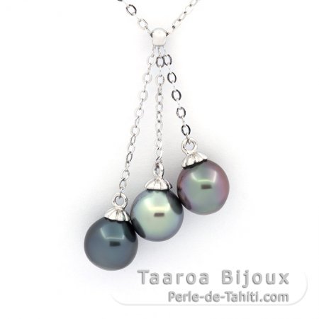 Collier en Argent et 3 Perles de Tahiti Semi-Baroques C 8.6 à 8.8 mm