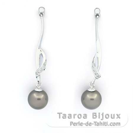 Boucles d\'Oreilles en Argent et 2 Perles de Tahiti Rondes C 8.6 mm