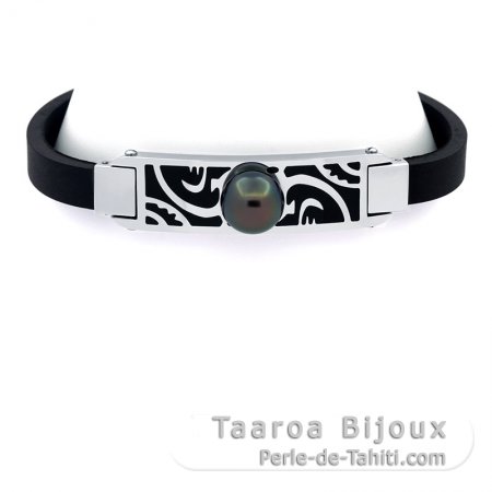 Bracelet en Acier Inoxydable, Néoprène et 1 Perle de Tahiti Ronde C 10.1 mm  - Taaroa Bijoux - Mataiea, Polynésie Française