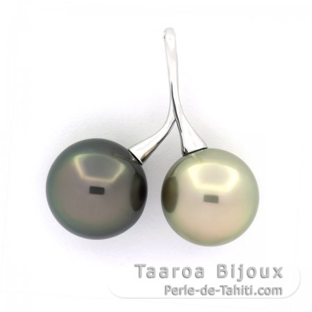 Pendentif en Argent et 2 Perles de Tahiti Rondes C 13.1 et 13.5 mm