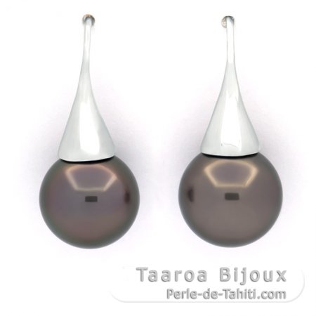 Boucles d\'Oreilles en Argent et 2 Perles de Tahiti Rondes C 11.9 mm