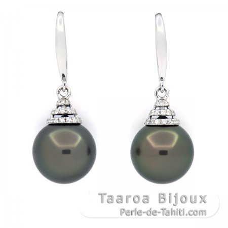 Boucles d\'Oreilles en Argent et 2 Perles de Tahiti 1 Ronde & 1 Semi-Ronde C 11.8 mm