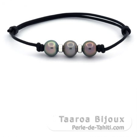 Bracelet en Cuir et 3 Perles de Tahiti Semi-Baroques C de 9.4 à 9.8 mm