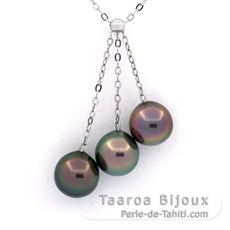 Collier en Argent et 3 Perles de Tahiti Semi-Baroques B de 9.1 à 9.4 mm