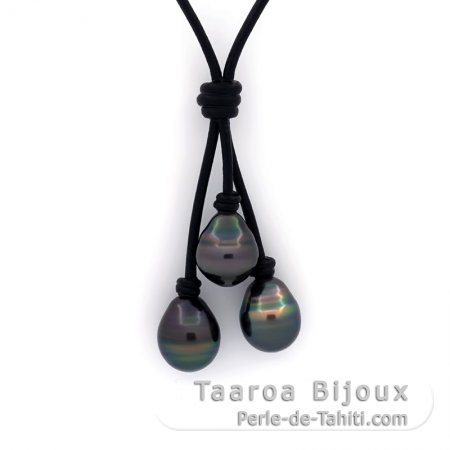 Collier en Cuir et 3 Perles de Tahiti Cerclées C de 10.5 à 10.8 mm