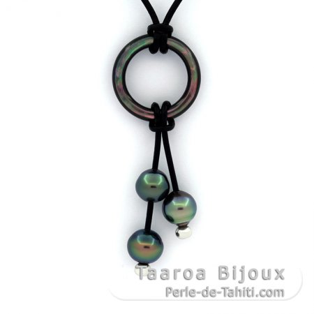 Collier en Cuir et 3 Perles de Tahiti Semi-Baroques C de 9.6 à 10.3 mm