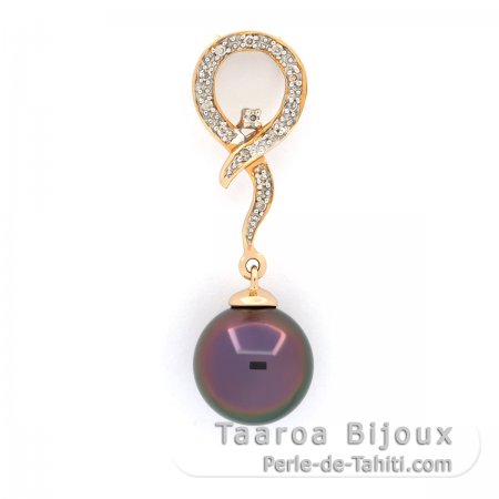 Pendentif en Or 14K + 13 Diamants et 1 Perle de Tahiti Ronde B 9.4 mm