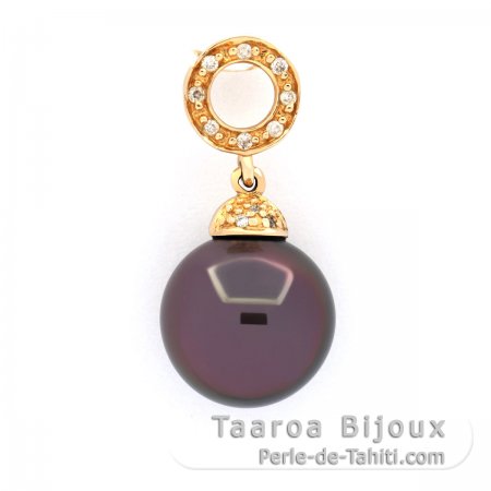 Pendentif en Or 14K + 6 Diamants et 1 Perle de Tahiti Ronde B 9.9 mm