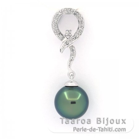 Pendentif en Or blanc 14K + 13 Diamants et 1 Perle de Tahiti Ronde B 9.4 mm