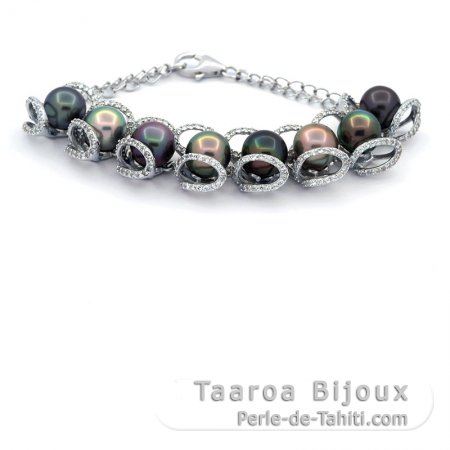 Bracelet en Argent et 8 Perles de Tahiti Semi-Baroques C+ de 9 à 9.5 mm