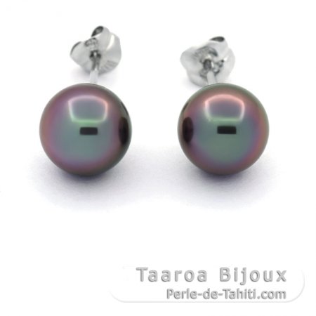 Boucles d\'Oreilles en Or blanc 18k et 2 Perles de Tahiti Rondes 1 B & 1 C 8 mm