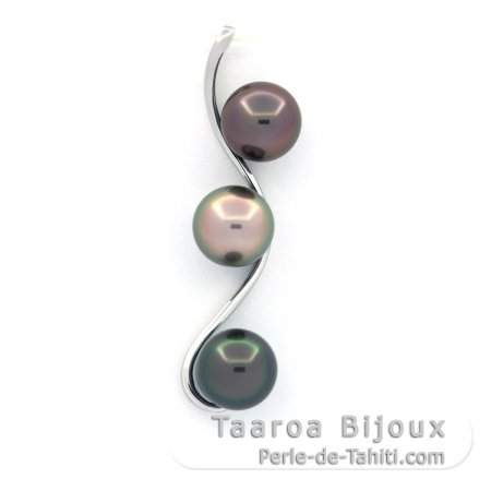 Pendentif en Argent et 3 Perles de Tahiti Rondes B/C 8.2 mm