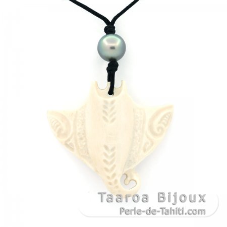 Collier en Coton, Pendentif en Os et 1 Perle de Tahiti Semi-Ronde C 9.6 mm
