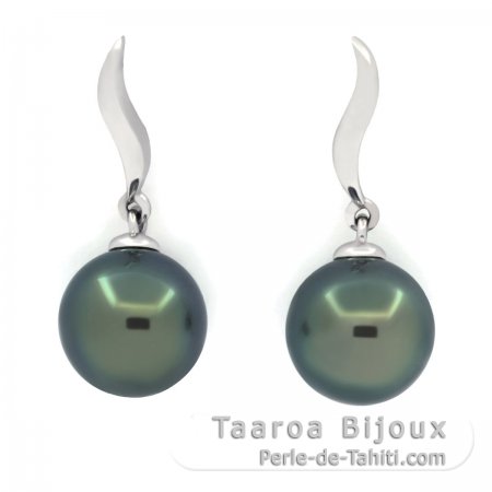 Boucles d\'oreilles en Or blanc 18K et 2 Perles de Tahiti Rondes B 8.9 mm