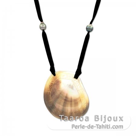 Collier en Satin, Nacre et 6 Perles de Tahiti Cercles C/D de 9.1  10 mm