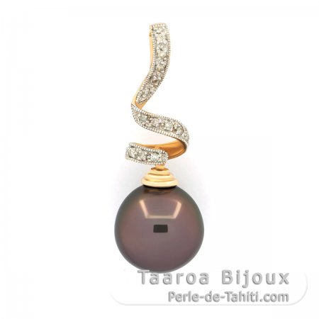 Pendentif en Or 14K + 15 Diamants et 1 Perle de Tahiti Semi-Baroque B 11.9 mm