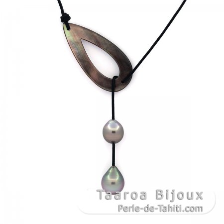 Collier en Cuir, Nacre et 2 Perles de Tahiti Semi-Baroques C de 9 et 10 mm