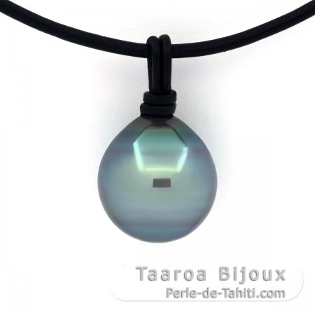 Collier en Cuir et 1 Perle de Tahiti Semi-Baroque C/D 14.2 mm