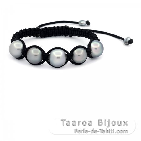 Bracelet en Nylon, 5 Perles de Tahiti Semi-Baroques C de 11.2  12.2 mm et 2 keishis