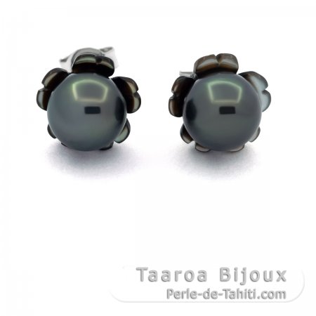 Boucles d\'oreilles en Argent et 2 Perles de Tahiti Semi-Rondes C 7.7 mm