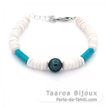 Bracelet en Coquillage, Turquoise et 1 Perle de Tahiti Ronde C 8.7 mm