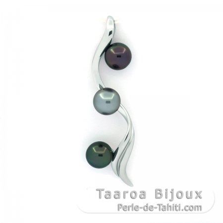 Pendentif en Argent et 3 Perles de Tahiti Rondes C 8.2 mm