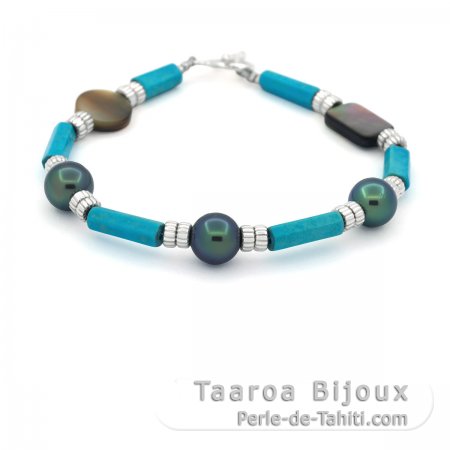 Bracelet en Argent, Turquoise, Nacre et 3 Perle de Tahiti Ronde D 8.3 mm