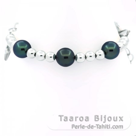 Bracelet en Argent et 3 Perle de Tahiti Ronde C/D 8.7 mm