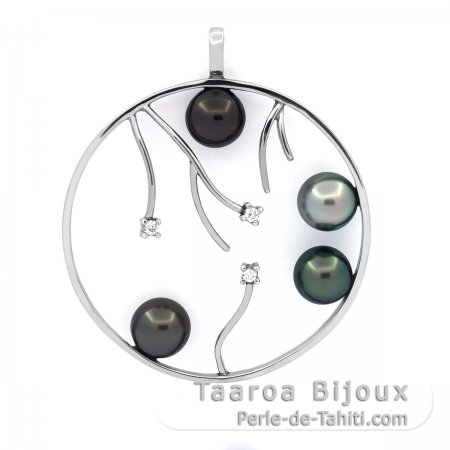 Pendentif en Argent et 4 Perles de Tahiti Rondes et Semi-Rondes C de 7.7 mm
