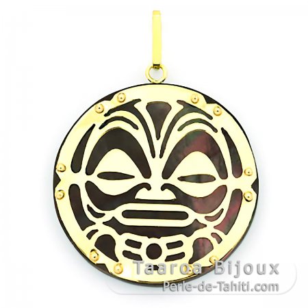 Pendentif en Or 18K et Nacre de Tahiti - Diamtre = 27 mm - Tiki Mana