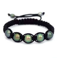 Bracelet en Nylon, 5 Perles de Tahiti Rondes C de 9  9.4 mm et 2 Keishis