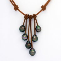 Collier en Cuir et 6 Perles de Tahiti Cercles C de 9.3  10 mm