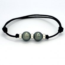 Bracelet en Coton Wax et 2 Perles de Tahiti Rondes C 10.3 et 10.4 mm