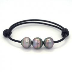 Bracelet en Cuir et 3 Perles de Tahiti Cercles C 11.5  11.8 mm